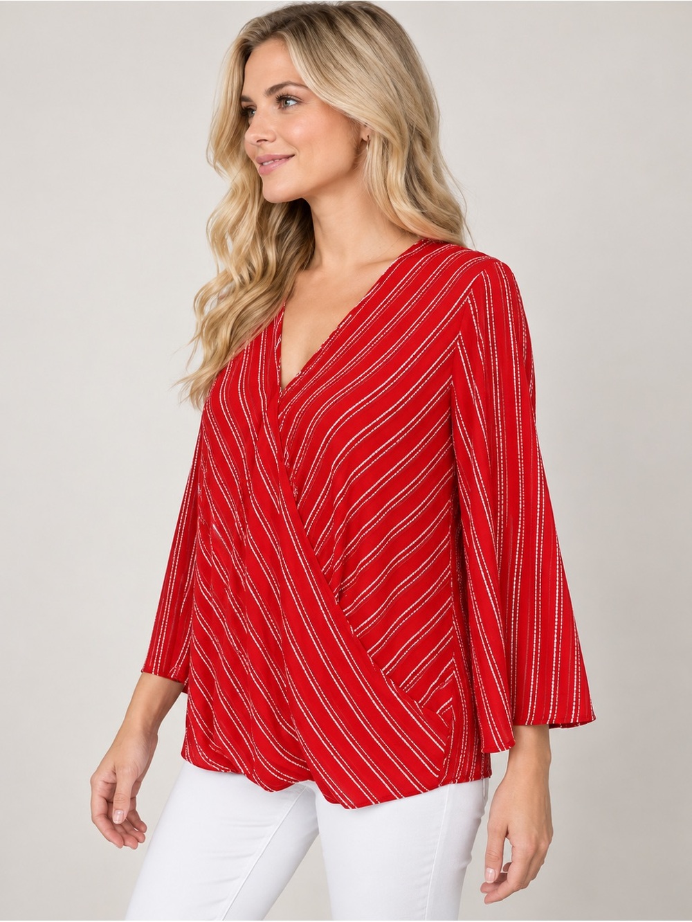 W5 Women's Red Striped V-Neck Top